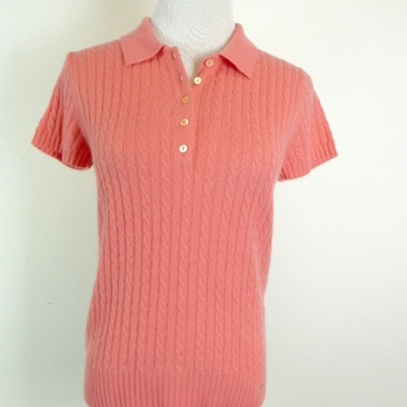 Burberry cashmere coral orange cable polo collar short sleeve sweater M